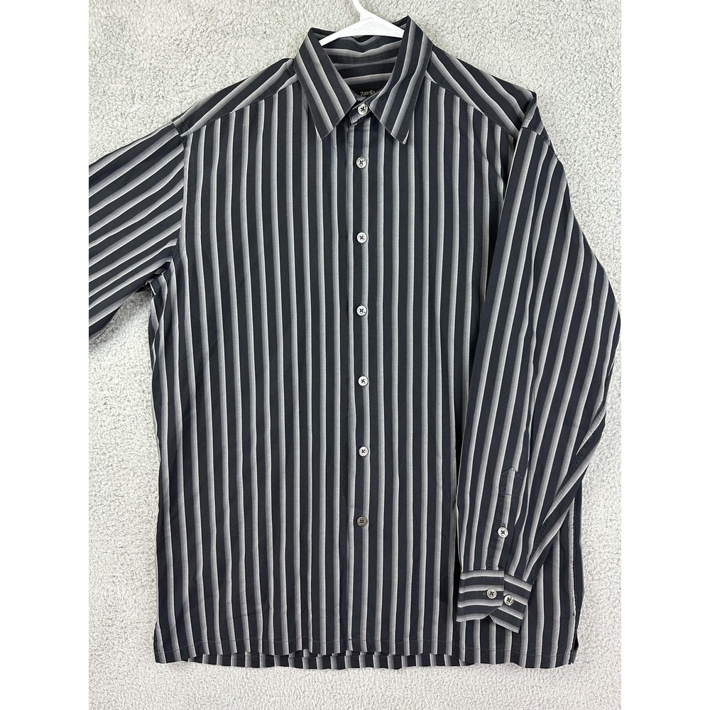 Zanella Shirt Mens Large Black Gray Striped Modern Point Long Sleeve Made Italy